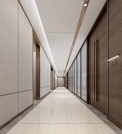 Modern Long Office Hallway With Sleek Walls Light Floor And Ceiling Lights 3d model