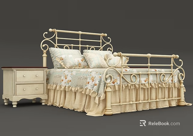 European Style Cream Colored Double Bed With Ornate Metal Headboard Floral Bedspread And Matching Nightstand 3d model 