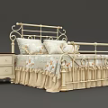 European Style Cream Colored Double Bed With Ornate Metal Headboard Floral Bedspread And Matching Nightstand