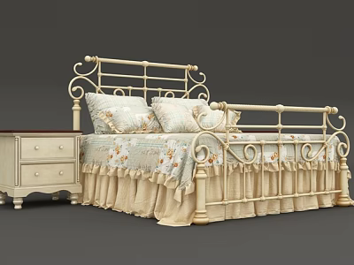 European Style Cream Colored Double Bed With Ornate Metal Headboard Floral Bedspread And Matching Nightstand 3d model