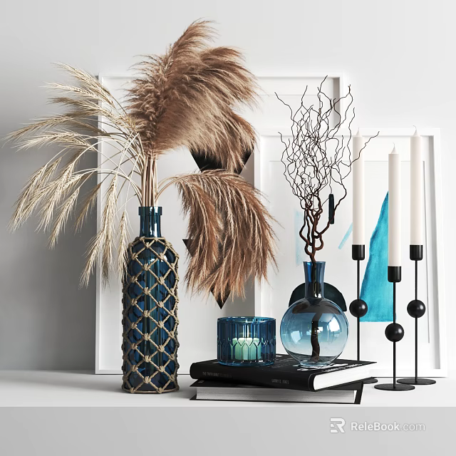 Stylish Decorative Ornament Set With Feather Plumes Twig Branches Glass Vases And Candles 3d model 