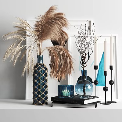 Stylish Decorative Ornament Set With Feather Plumes Twig Branches Glass Vases And Candles 3d model