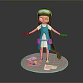 3D Model Woman in Green Dress with Goggles and Painting Supplies on Round Platform