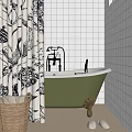 Green Bathtub with Brass Faucet Black White Floral Shower Curtain and Tile Walls with Basket