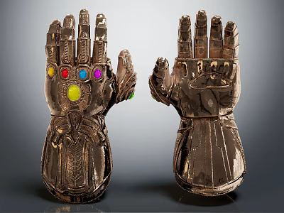 Two Metallic Infinity Gauntlets With Colorful Gems And Intricate Design Details 3d model