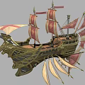 Ornate Golden Mechanical Flying Vessel With Red Banners And Decorative Structures