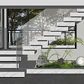 Modern Staircase With Glass Railing Marble Steps Indoor Garden Green Plants And Trees Outside