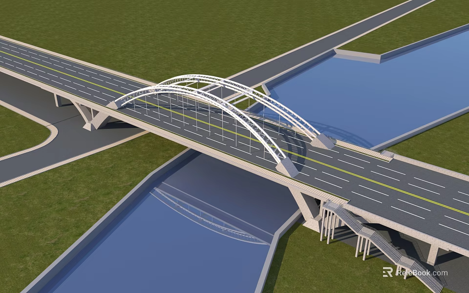Modern Arch Bridge Design With Road Connection Over Water And Green Area 3d model 