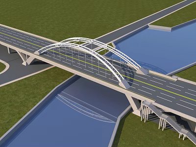 Modern Arch Bridge Design With Road Connection Over Water And Green Area 3d model