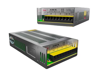 Computer Power Supply Units With Black Casing Green Yellow Details Multiple Ports 3d model