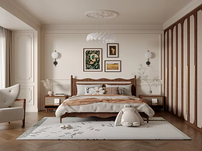 Bedroom Interior Design With Wooden Headboard Bed Nightstands Decorative Paintings Chandelier And Soft Tones Rug 3d model