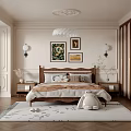 Bedroom Interior Design With Wooden Headboard Bed Nightstands Decorative Paintings Chandelier And Soft Tones Rug