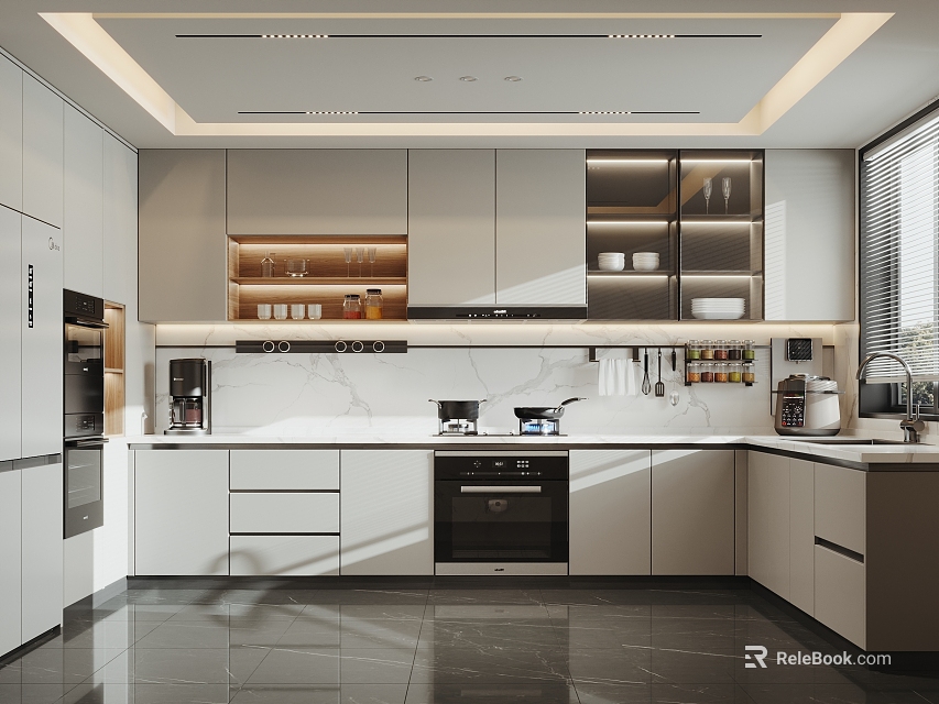 Modern Kitchen Interior With White Cabinets Marble Countertop Built-in Appliances And Ceiling Lighting 3d model 