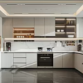 Modern Kitchen Interior With White Cabinets Marble Countertop Built-in Appliances And Ceiling Lighting