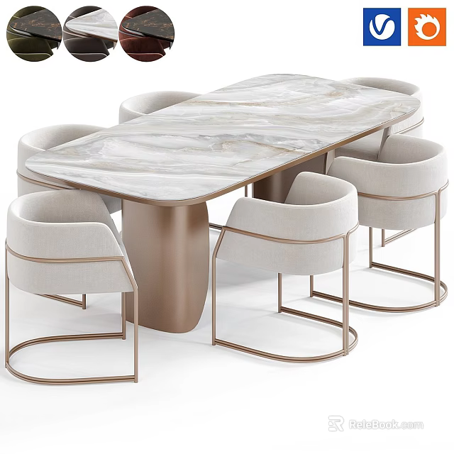 Modern Rectangular Marble Dining Table and Upholstered Chair Set with Brass Metal Legs 3d model 