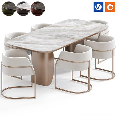 Modern Rectangular Marble Dining Table and Upholstered Chair Set with Brass Metal Legs 3d model