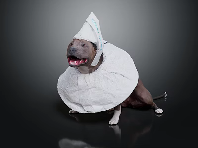 Playful Dog With White Cone Headgear And Body Wrap On Dark Background 3d model