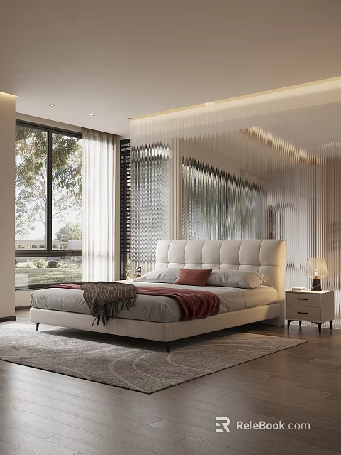 Modern Double Bed With White Headboard Red Blanket Nightstand And Window View 3d model