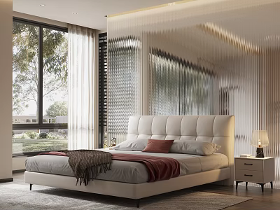 Modern Double Bed With White Headboard Red Blanket Nightstand And Window View 3d model