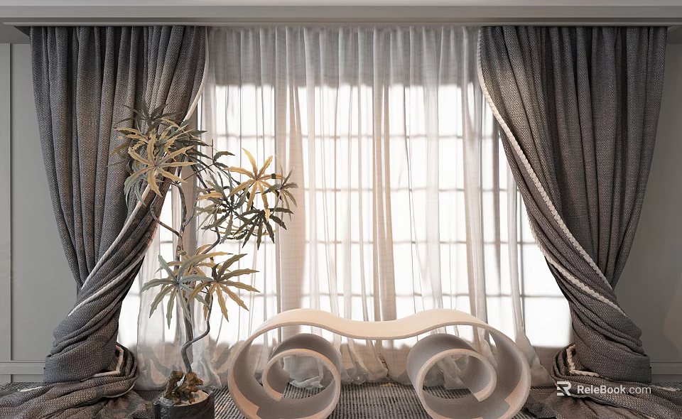 Grey Curtains And White Sheer Curtains By Window With Green Plant And White Curved Bench 3d model 
