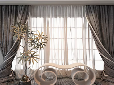 Grey Curtains And White Sheer Curtains By Window With Green Plant And White Curved Bench 3d model