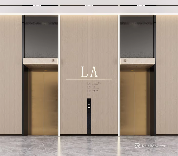 Modern Elevator Interior Design With Wooden Panel And Metal Door Featuring LA Logo 3d model 