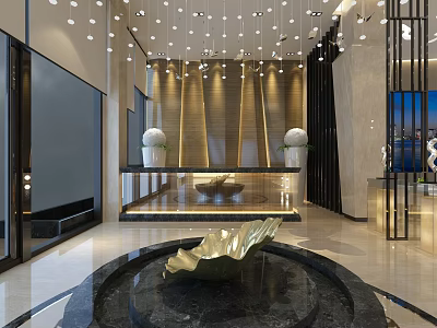 Luxurious Sales Office Interior With Hanging Chandeliers Golden Decorative Walls Reception Desk And Fountain Sculpture 3d model
