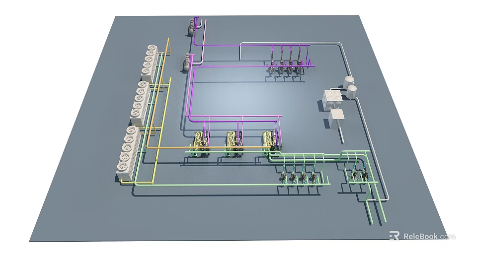 Industrial Equipment Layout Featuring Piping System Control Panel And Mechanical Valves 3d model 