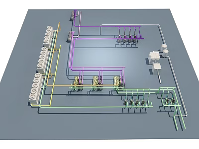 Industrial Equipment Layout Featuring Piping System Control Panel And Mechanical Valves 3d model