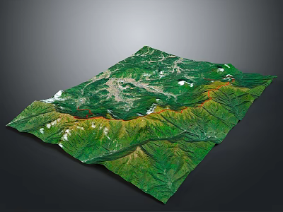 3D Terrain Model of Green Mountain Ranges With White Snowy Peaks on Black Background 3d model