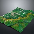 3D Terrain Model of Green Mountain Ranges With White Snowy Peaks on Black Background