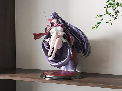 Anime Figure With Long Purple Hair White Red Outfit On Swirl Base By Green Plant 3d model