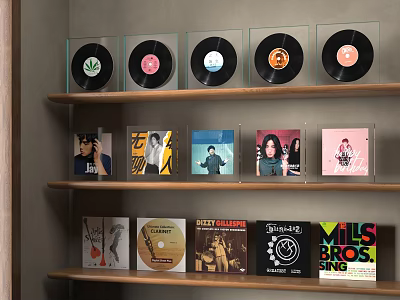 Vintage Vinyl Records And Album Covers Display On Wooden Shelf Collection 3d model