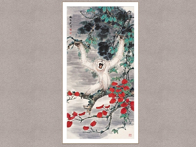 Chinese Decorative Painting Red Leaf White Ape Tian Shiguang Flower and Bird Painting model