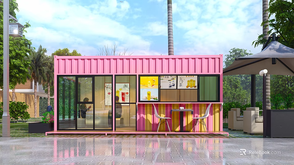 Pink Shipping Container Building Café With Large Windows Outdoor Seating And Palm Tree 3d model 