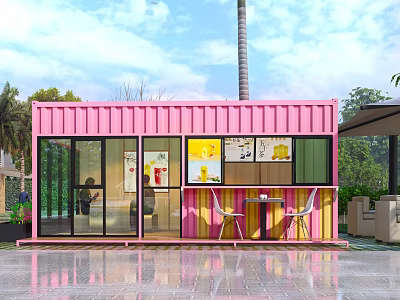 Pink Shipping Container Building Café With Large Windows Outdoor Seating And Palm Tree 3d model