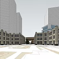 Modern Commercial Street Design With Tall Buildings Central Fountain And Greenery