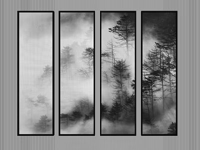 Black And White Four Vertical Panel Landscape Painting With Pine Trees In Mist 3d model