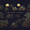 Elegant Gold Peony Flower Wall Decor With Line Art Patterns Collection Design 3d model