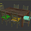 Wooden Dining Table Set With Six Chairs Featuring Cushioned Seats 3d model