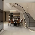 Modern Restaurant Interior Featuring Dining Table Chairs Staircase And Wall Sconces 3d model