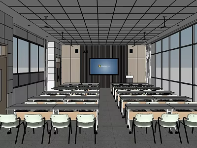 School Modern Classroom With Rows Of Desks Large Screen And Windows 3d model