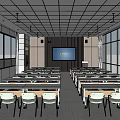 School Modern Classroom With Rows Of Desks Large Screen And Windows