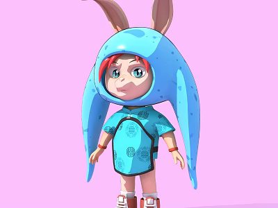 Cute Cartoon Character Sculpture Carving with Blue Rabbit Costume Red Hair and Pink Background 3d model