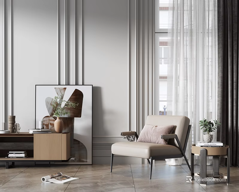 Elegant Single Sofa In Modern Living Interior With Side Table Potted Plant Artwork And Curtains 3d model 