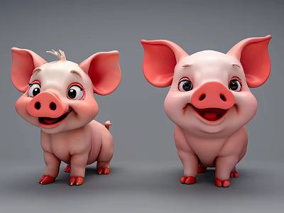 Adorable 3D Cartoon Pigs With Big Ears And Happy Smiles 3d model
