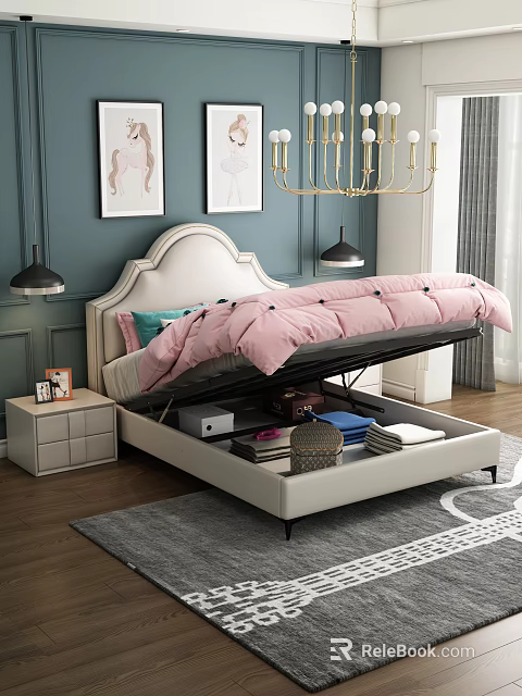 Double Bed With Under Bed Storage Upholstered Headboard Bedside Table Decorative Paintings And Blue Wall 3d model 