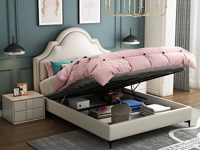 Double Bed With Under Bed Storage Upholstered Headboard Bedside Table Decorative Paintings And Blue Wall 3d model