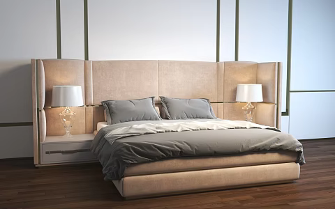 Fabric Double Bed Flannel Double Bed Warm Color Double Bed Glass Table Lamp Cream Wind Double Bed Simple Double Bed Italian Double Bedside Table Lamp Set 3d model