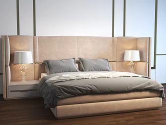 Fabric Double Bed Flannel Double Bed Warm Color Double Bed Glass Table Lamp Cream Wind Double Bed Simple Double Bed Italian Double Bedside Table Lamp Set 3d model
